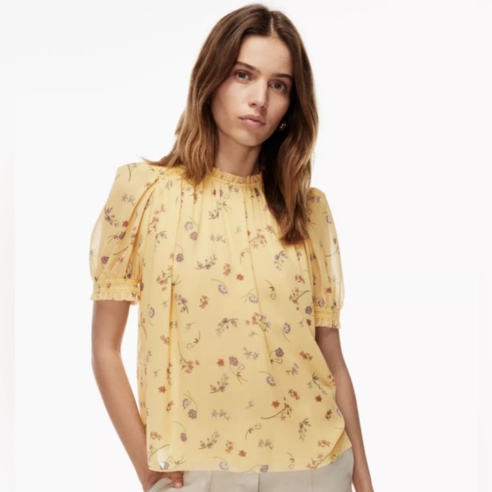 Aritzia Wilfred Wuthering Smocked Chiffon Yellow Floral Blouse XS